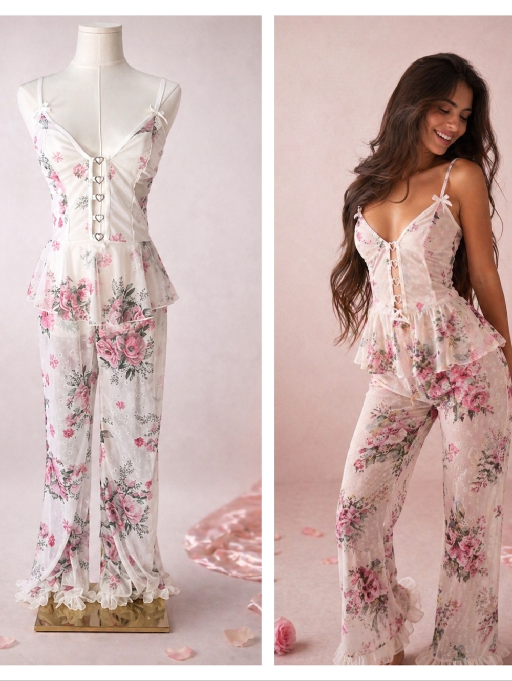 Sheer Floral & Lace Lingerie/Pajama Set